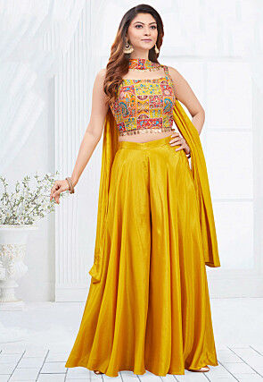 Digital Printed Georgette Crop Top Set in Mustard
