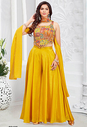 Digital Printed Georgette Crop Top Set in Mustard