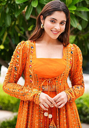 Digital Printed Georgette Crop Top Set in Orange