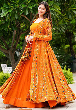 Digital Printed Georgette Crop Top Set in Orange