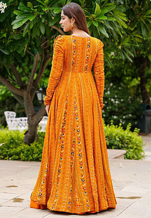 Digital Printed Georgette Crop Top Set in Orange