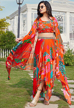 Digital Printed Georgette Crop Top Set in Orange
