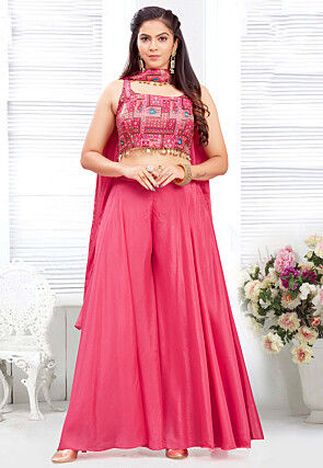 Digital Printed Georgette Crop Top Set in Pink