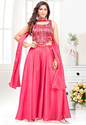 Digital Printed Georgette Crop Top Set in Pink