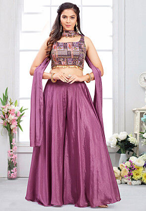 Digital Printed Georgette Crop Top Set in Purple