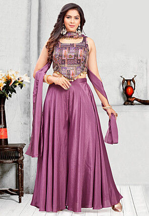 Digital Printed Georgette Crop Top Set in Purple