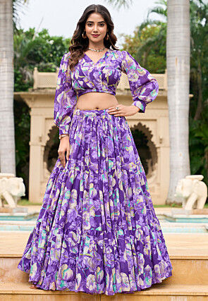 Digital Printed Georgette Crop Top Set in Purple