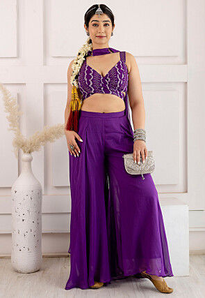 Digital Printed Georgette Crop Top Set in Purple