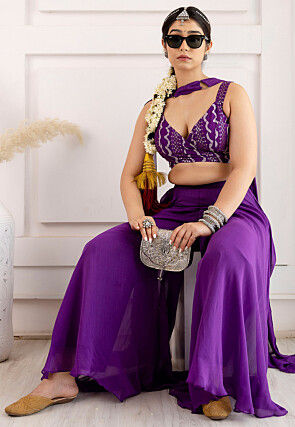 Digital Printed Georgette Crop Top Set in Purple