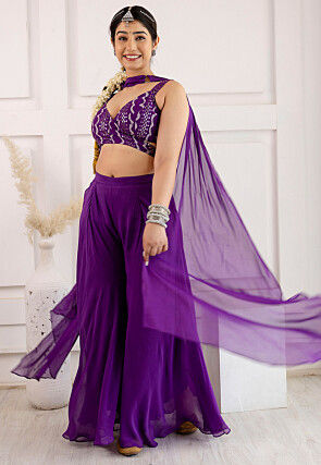 Digital Printed Georgette Crop Top Set in Purple