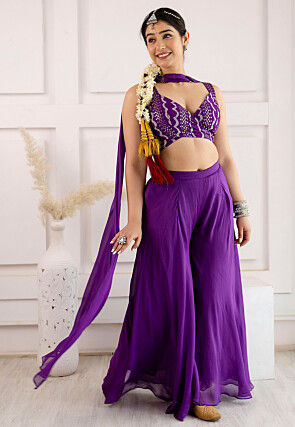 Digital Printed Georgette Crop Top Set in Purple