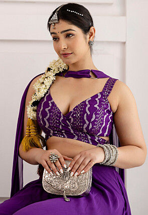 Digital Printed Georgette Crop Top Set in Purple