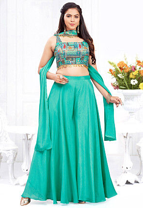 Digital Printed Georgette Crop Top Set in Sea Green