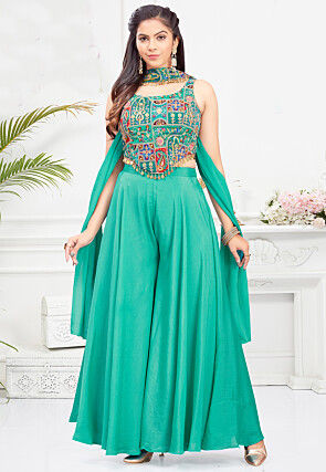 Digital Printed Georgette Crop Top Set in Teal Green