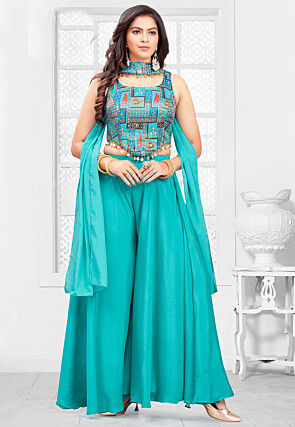 Digital Printed Georgette Crop Top Set in Turquoise
