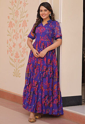 Digital Printed Georgette Dress in Purple