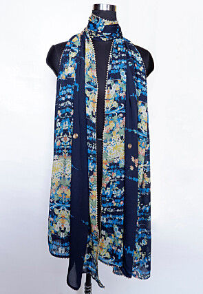Digital Printed Georgette Dupatta in Navy Blue