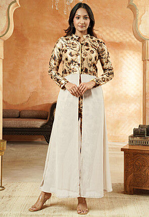 Digital Printed Georgette Front Slit Kurta Set in Beige and White