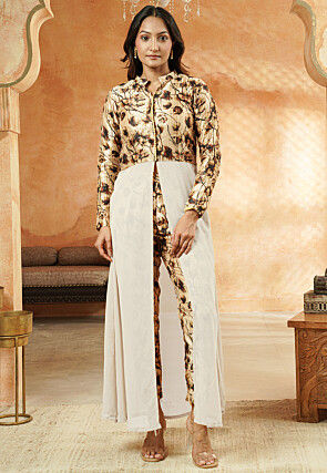 Digital Printed Georgette Front Slit Kurta Set in Beige and White