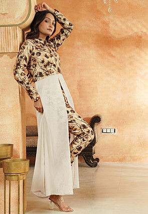 Digital Printed Georgette Front Slit Kurta Set in Beige and White