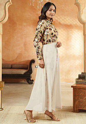 Digital Printed Georgette Front Slit Kurta Set in Beige and White