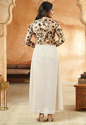 Digital Printed Georgette Front Slit Kurta Set in Beige and White