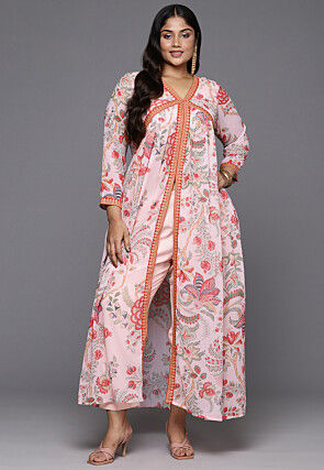 Digital Printed Georgette Front Slit Kurta Set in Peach