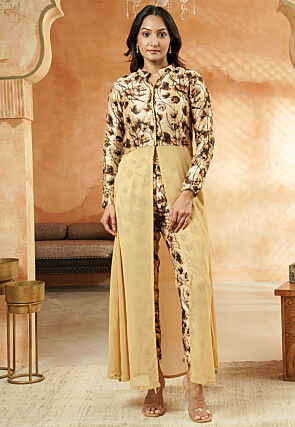 Digital Printed Georgette Straight Kurta Set in Beige