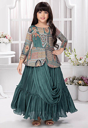 Digital Printed Georgette Gown in Dusty Blue