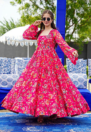 Digital Printed Georgette Gown in Fuchsia