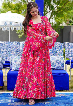Digital Printed Georgette Gown in Fuchsia