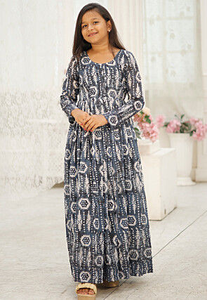 Digital Printed Georgette Gown in Grey