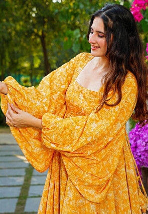 Digital Printed Georgette Gown in Mustard