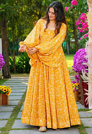 Digital Printed Georgette Gown in Mustard