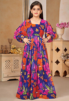 Digital Printed Georgette Gown in Navy Blue