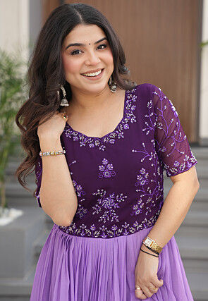 Digital Printed Georgette Gown in Purple