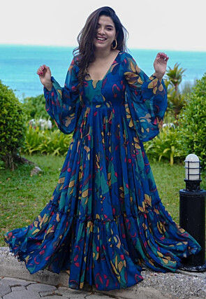 Digital Printed Georgette Gown in Royal Blue