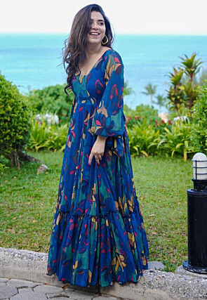 Digital Printed Georgette Gown in Royal Blue