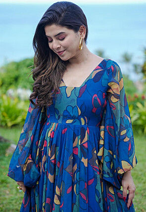 Digital Printed Georgette Gown in Royal Blue