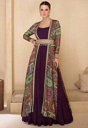Digital Printed Georgette Gown in Wine