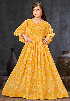 Digital Printed Georgette Gown in Yellow