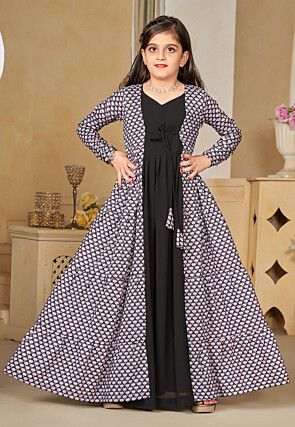 Digital Printed Georgette Gown with Jacket in Black