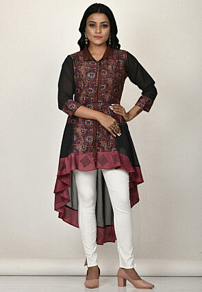 Digital Printed Georgette High Low Tunic in Black and Old Rose