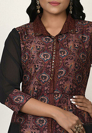 Digital Printed Georgette High Low Tunic in Black and Old Rose