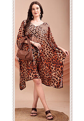 Digital Printed Georgette Kaftan Dress in Brown