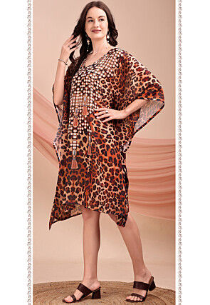 Digital Printed Georgette Kaftan Dress in Brown