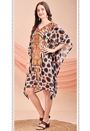 Digital Printed Georgette Kaftan Dress in Brown