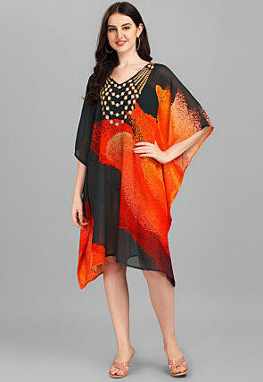 Digital Printed Georgette Kaftan in Black and Orange