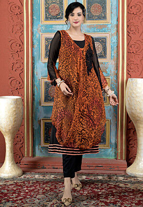 Digital Printed Georgette Layered Kurta in Rust and Black