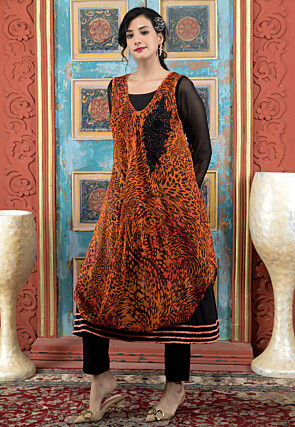 Digital Printed Georgette Layered Kurta in Rust and Black